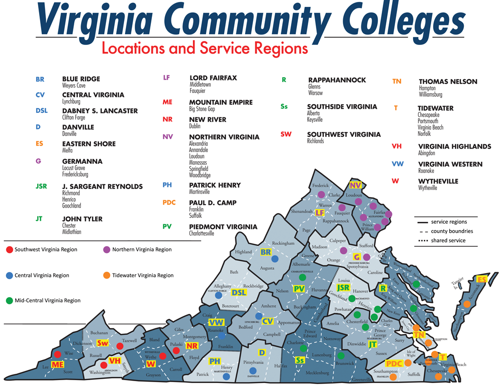 Map of Virginia's Community Colleges Locations and Service Regions